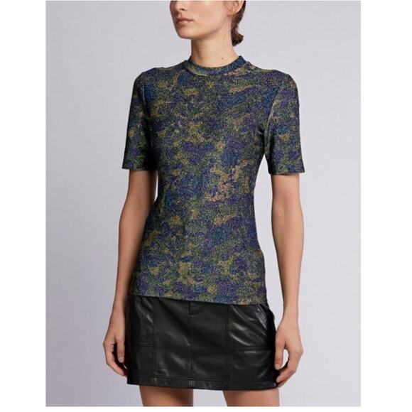 Ganni Lurex Metallic Camo Top Calamata size 34 camo military mesh - Picture 1 of 10